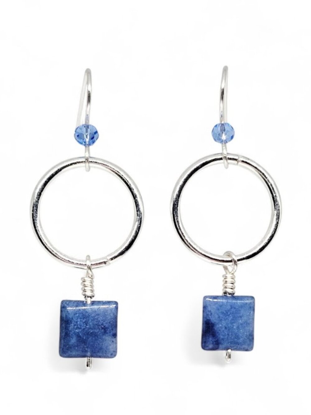 Handcrafted Blue Aventurine Square Gemstone Hoop Earrings Silver Boho Dangle